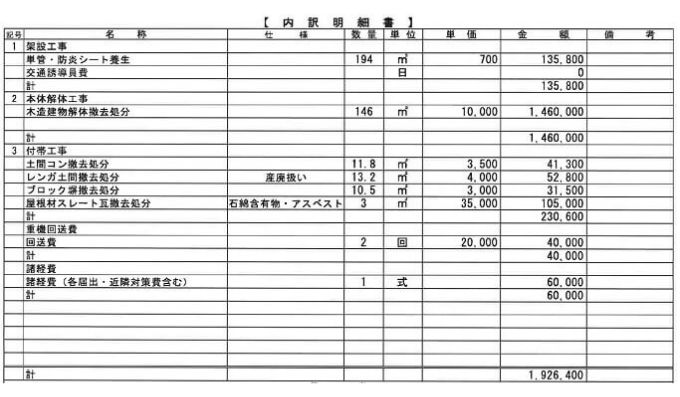 解体工事の見積書の内訳