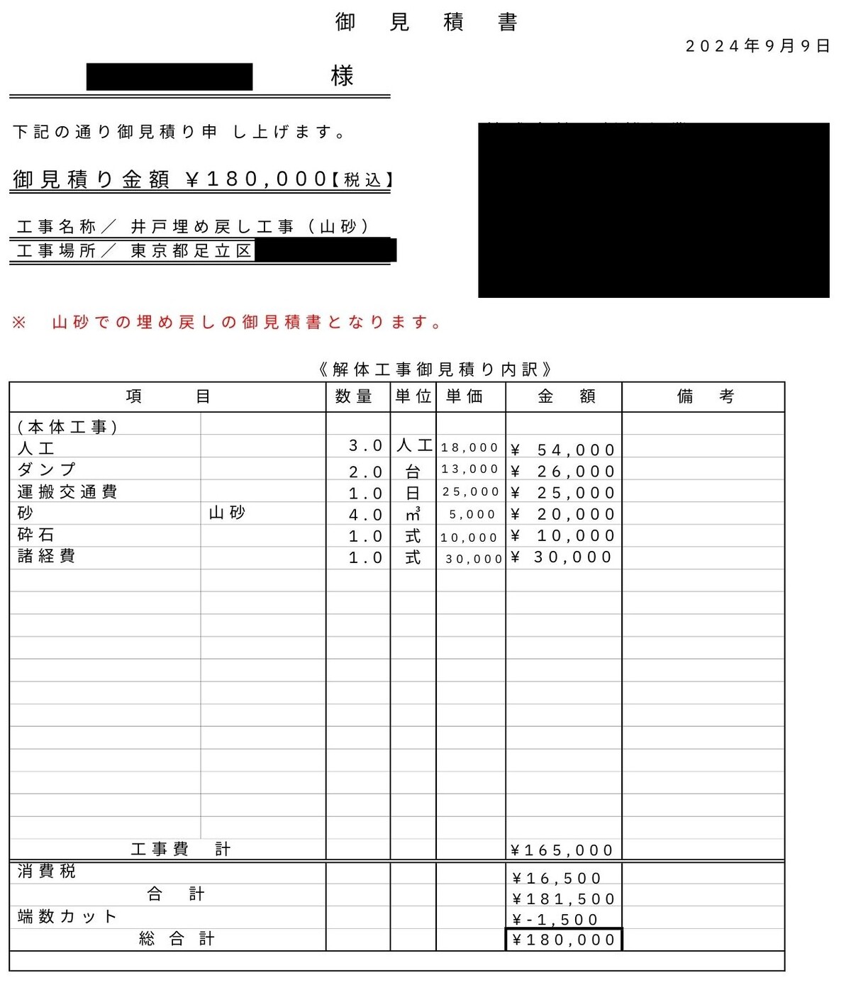 井戸の解体費用の内訳｜東京都足立区の見積事例