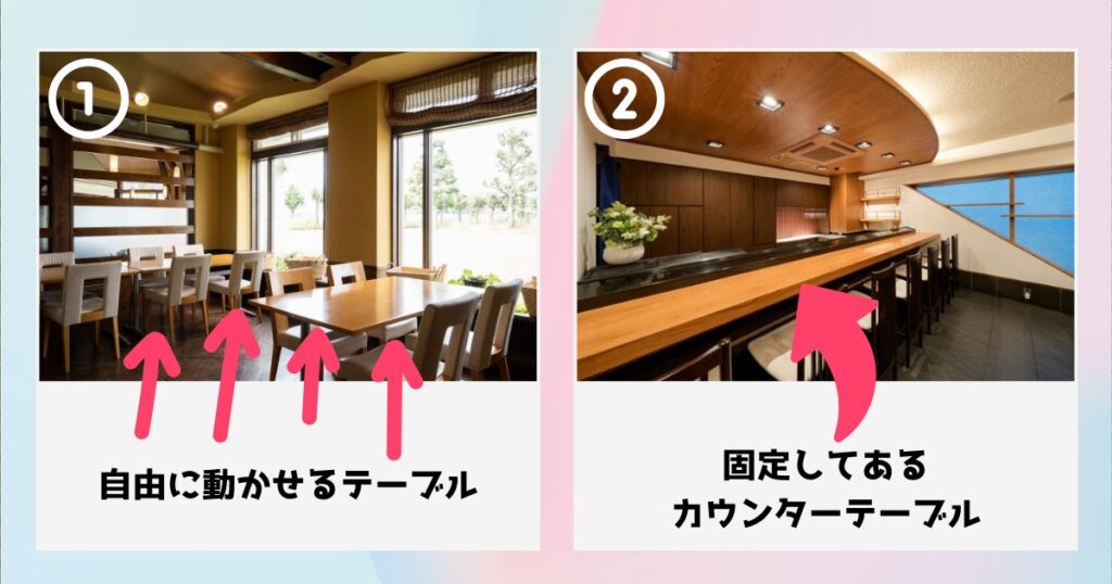 同じ大きさの2つの飲食店のテーブルの違いを提示する画像