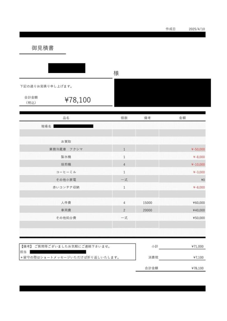 残置物の買い取りになった見積書