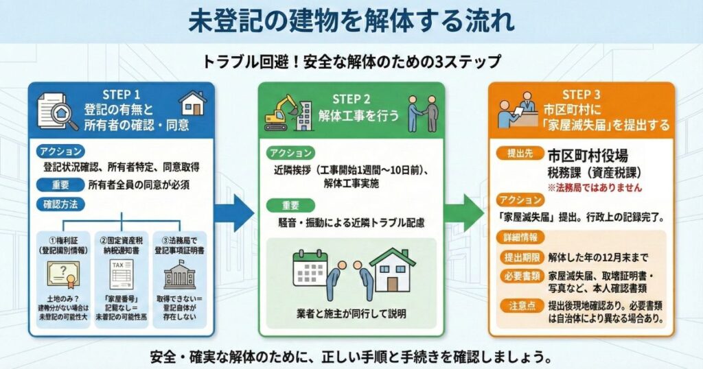 未登記の建物を解体する流れの図解