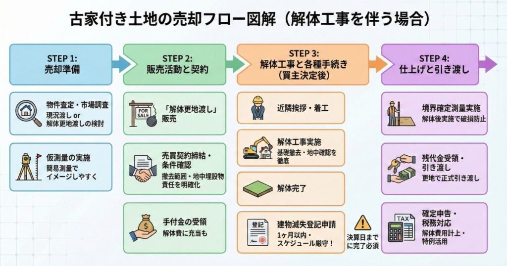 古家付き土地の売却フロー図解(解体工事伴う場合)