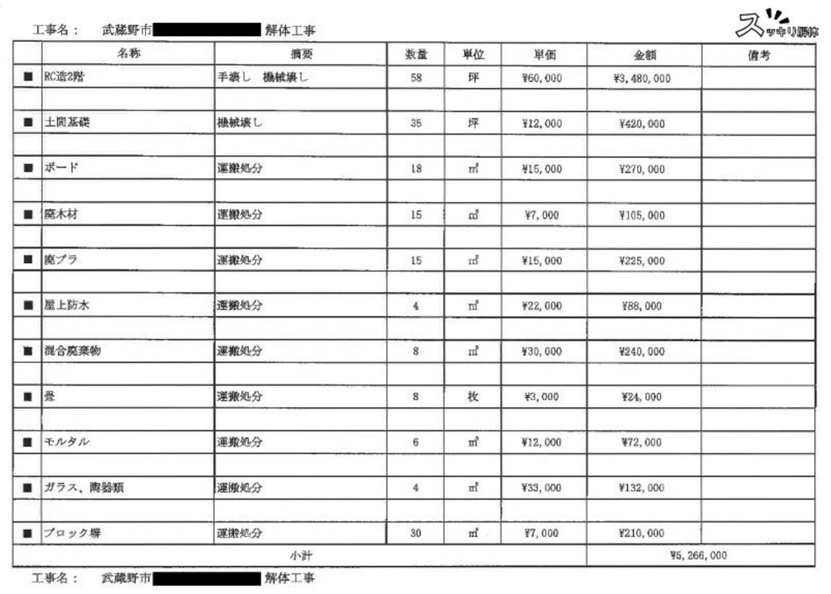 東京都武蔵野市の残土処分事例 見積書01
