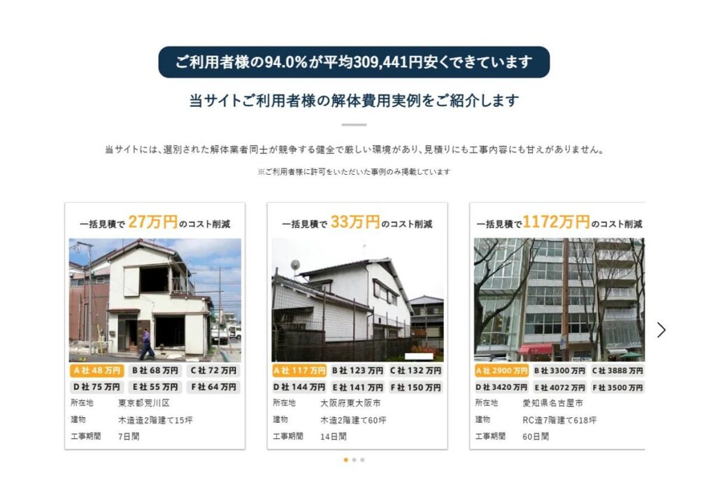 あんしん解体業者認定協会LP 見積金額が安くなった事例