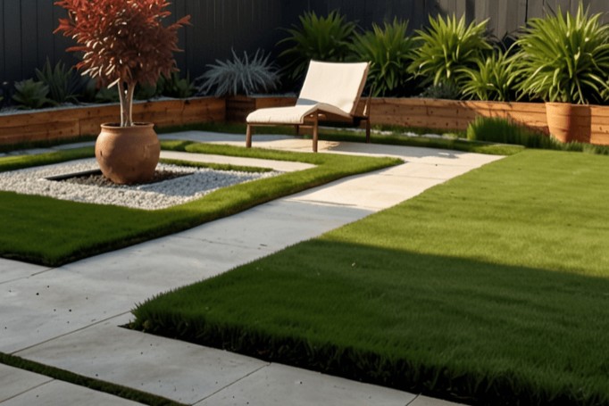 人工芝とタイルで施工された庭