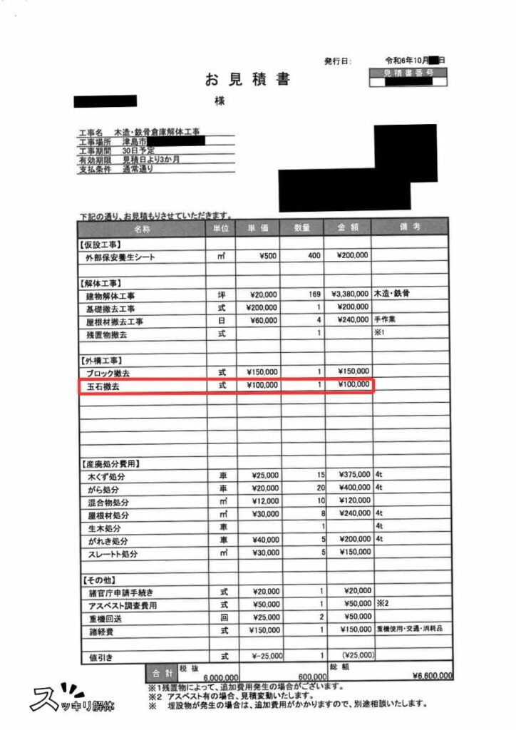 庭石撤去を含むC社の見積書