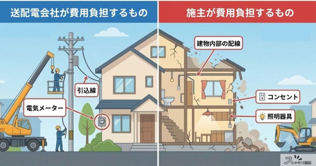 解体工事における電気設備の費用負担の境界線を示す図。送配電会社が負担する「引込線・電気メーター」と、施主が負担する「建物内部の配線・コンセント・照明器具」の切り分けを解説。