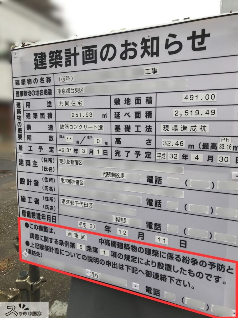 「建築計画のお知らせ」看板の写真。建物の名称・面積・階数・着工予定などが一覧になっており、下部の赤枠内には「紛争の予防と調整に関する条例」に基づき、近隣住民が説明を求める際の連絡先が記載されている。