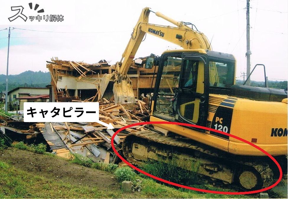 黄色い油圧ショベルで木造住宅を解体している様子。重機の下部(キャタピラー)が赤い線で囲われ、矢印で「キャタピラー」と名称の説明がされている。
