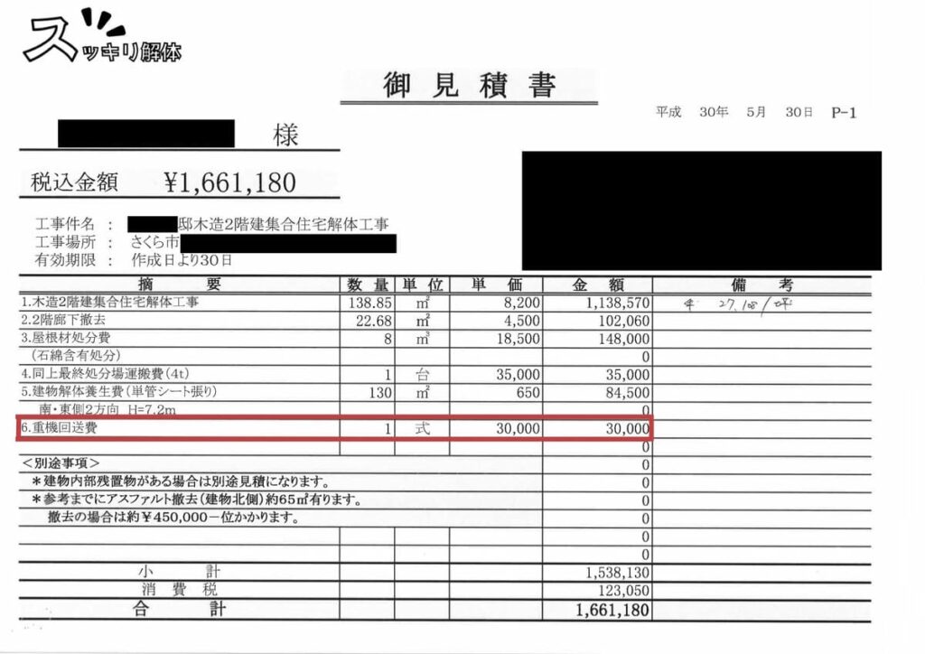 木造2階建集合住宅解体工事の見積書。平成30年5月30日発行で、税込合計金額は1,661,180円。明細の「6.重機回送費」の行が赤枠で強調されている。