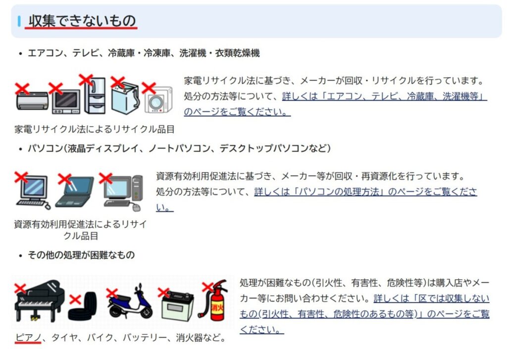 中野区のホームページに掲載されている「収集できないもの」のリスト。ピアノが処理困難物として赤色の×印とともに記載されている