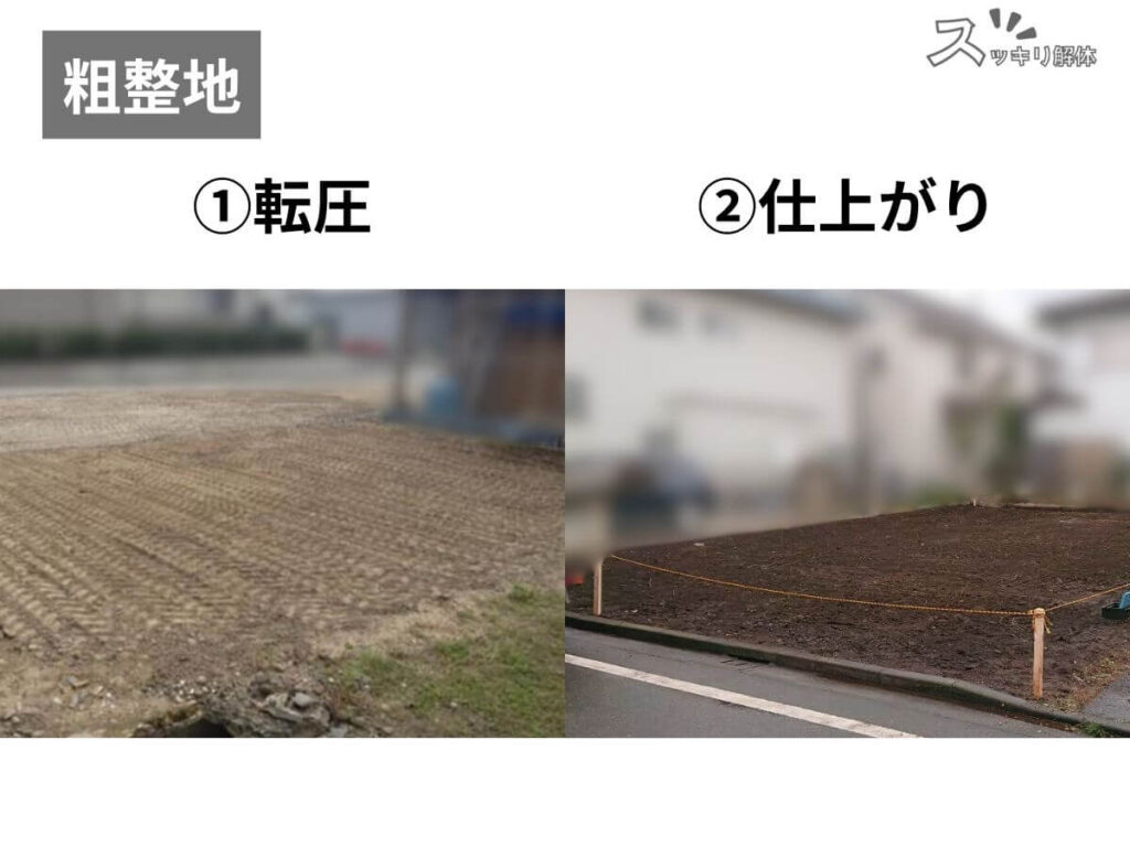 粗整地における転圧作業と、作業完了後の仕上がり状態を並べた比較画像