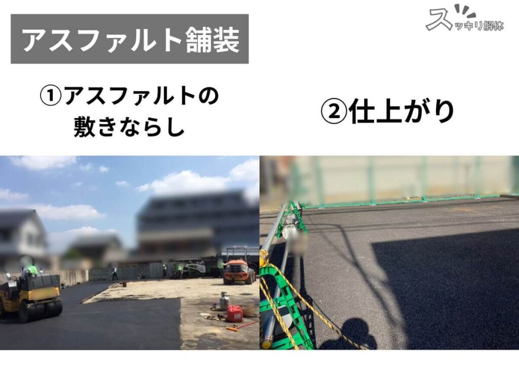 アスファルト舗装の工程比較。左はロードローラーなどの重機を使ってアスファルトを敷き均している様子、右は平滑に固まり真っ黒に整った仕上がりの状態