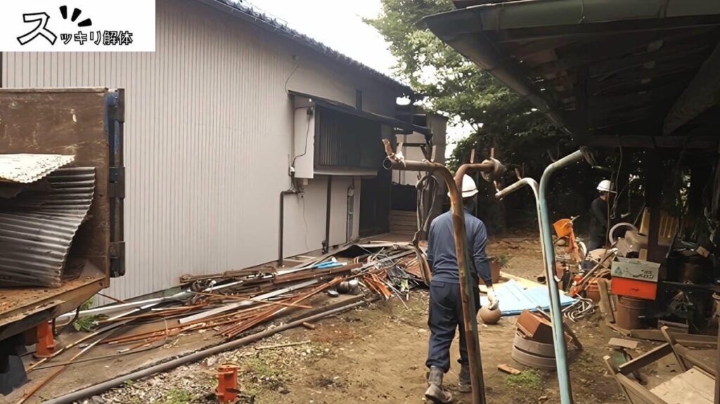 解体業者が納屋周辺に放置された残置物を撤去する様子