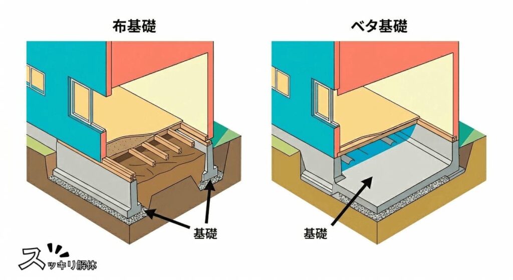 布基礎とベタ基礎の構造比較図