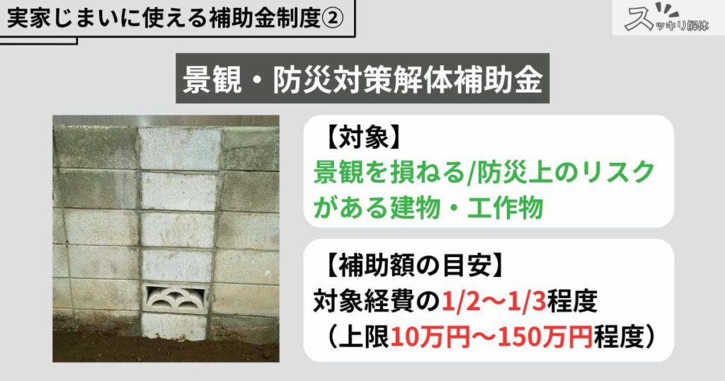 実家じまいに使える補助金制度「景観・防災対策解体補助金」の紹介画像。対象:景観を損ねる、または防災上のリスクがある建物・工作物。補助額の目安:対象経費の1/2~1/3程度(上限10万円~150万円程度)。