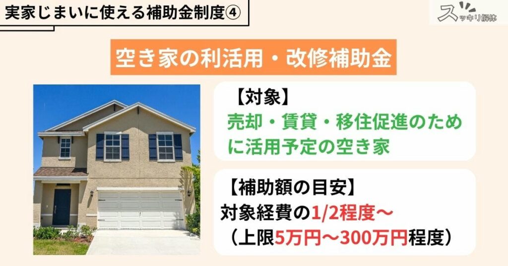 実家じまいに使える補助金制度「空き家の利活用・改修補助金」の紹介画像。対象:売却・賃貸・移住促進のために活用予定の空き家。補助額の目安:対象経費の1/2程度~(上限5万円~300万円程度)。